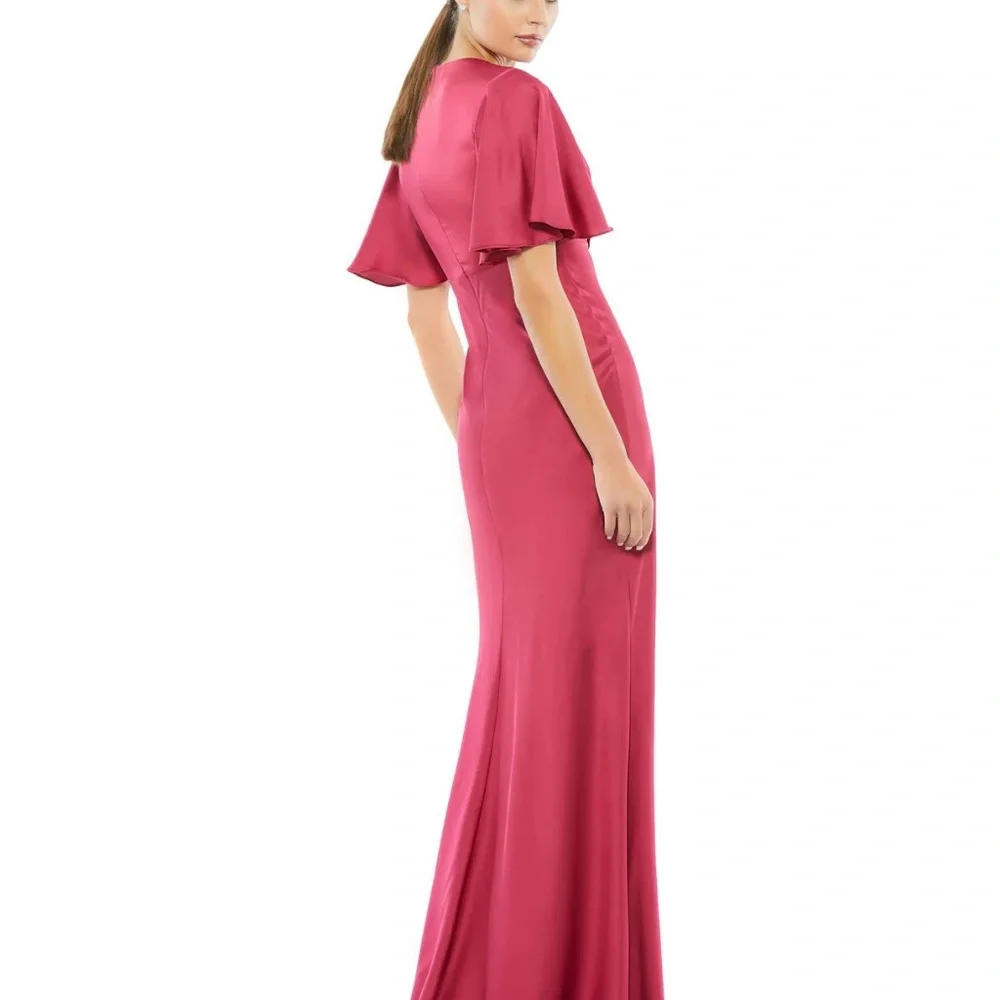 NWT Mac Duggal 554021 [8] Flounce Sleeve V-Neck Trumpet Gown Raspberry Dress - Picture 4 of 11